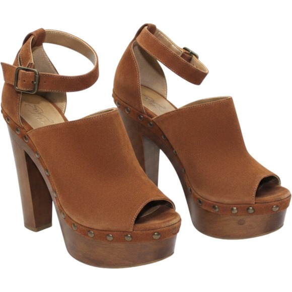 Sole Child Shoes - Sole Child Rose Suede Platform Sandals Womens 6.5 Brown Studded Wood Block Heel